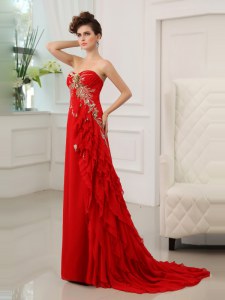 Adorable Sweetheart Sleeveless Evening Dress With Brush Train Beading and Appliques and Ruffled Layers Red Chiffon