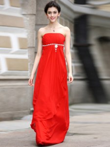 Coral Red Chiffon Zipper Strapless Sleeveless Floor Length Prom Dresses Beading and Ruching