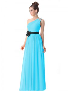 Sweet One Shoulder Blue Side Zipper Prom Evening Gown Beading and Ruching and Belt Sleeveless Floor Length