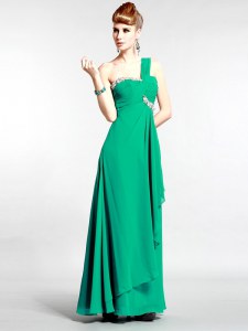 Trendy One Shoulder Sleeveless Prom Party Dress Floor Length Beading Green Chiffon
