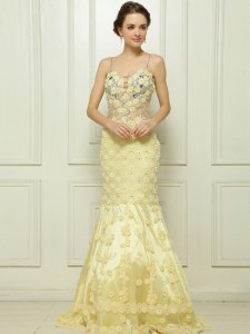 Wonderful Mermaid With Train Light Yellow Prom Evening Gown Tulle Brush Train Sleeveless Beading and Hand Made Flower