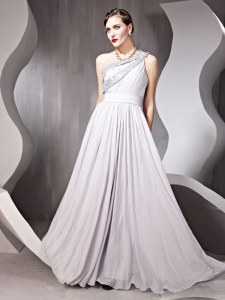 One Shoulder Silver Sleeveless Beading Floor Length Prom Dress