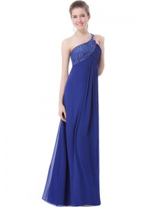 One Shoulder Sleeveless Prom Gown Floor Length Beading Blue Chiffon