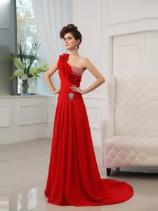 Deluxe Red Column/Sheath One Shoulder Sleeveless Satin With Train Court Train Zipper Beading and Hand Made Flower Evening Wear