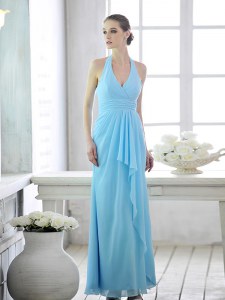 Exceptional Halter Top Baby Blue Sleeveless Ruffles and Ruching Ankle Length Evening Gowns
