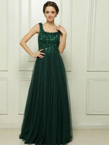 Stunning Dark Green Sleeveless With Train Beading Zipper Prom Dresses