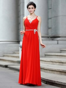 Designer Floor Length Coral Red Prom Evening Gown Chiffon Sleeveless Beading