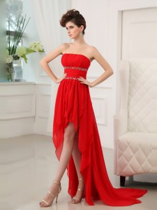 Sophisticated Sleeveless Chiffon High Low Zipper Homecoming Dress in Red with Beading and Ruffles