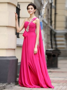 Chiffon One Shoulder Sleeveless Brush Train Zipper Beading and Sashes ribbons and Ruching Evening Dress in Hot Pink