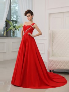 Stylish Red Zipper One Shoulder Beading and Ruching Evening Outfits Silk Like Satin Sleeveless Court Train