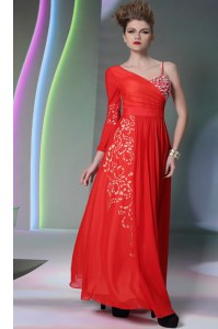Free and Easy Beading and Embroidery Homecoming Dress Coral Red Side Zipper Long Sleeves Floor Length