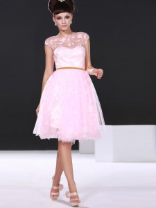 Beauteous Scoop Baby Pink Cap Sleeves Knee Length Lace Zipper Cocktail Dress