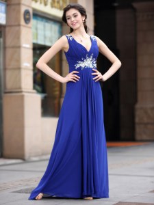 Custom Made Blue Sleeveless Beading and Appliques and Ruching Floor Length Celebrity Dresses