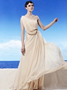 Chiffon One Shoulder Sleeveless Side Zipper Beading and Ruching Prom Party Dress in Champagne