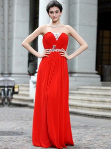 Attractive Floor Length Coral Red Dress for Prom Silk Like Satin Sleeveless Beading