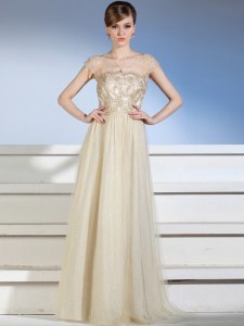 Designer Chiffon and Tulle Sleeveless Floor Length Prom Gown and Appliques