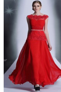 Fashion Scalloped Red Chiffon Side Zipper Prom Dresses Sleeveless Floor Length Beading and Lace
