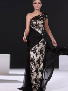 One Shoulder Cap Sleeves With Train Lace Side Zipper Prom Party Dress with Black Brush Train