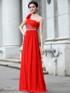 Hot Selling Coral Red One Shoulder Neckline Beading and Ruching Sleeveless Zipper