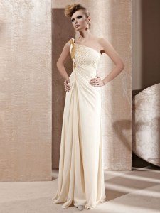 Extravagant Champagne Chiffon Side Zipper One Shoulder Sleeveless Floor Length Prom Party Dress Beading