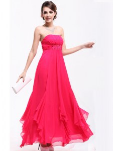 Admirable Hot Pink A-line Chiffon Strapless Sleeveless Beading and Ruching Ankle Length Zipper Homecoming Dress