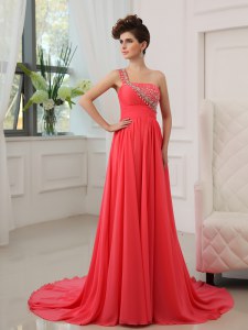 Fancy Watermelon Red Empire One Shoulder Sleeveless Chiffon With Brush Train Zipper Beading Prom Gown