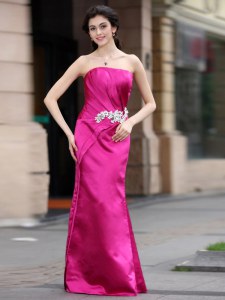 Wonderful Sleeveless Satin Floor Length Zipper Evening Dress in Hot Pink with Beading