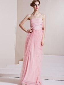 Attractive Sleeveless Floor Length Ruching Side Zipper Homecoming Gowns with Baby Pink