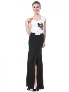 Sexy White And Black Prom and Party and For with Beading and Hand Made Flower One Shoulder Sleeveless Zipper