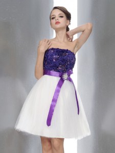 Beading and Sashes ribbons Homecoming Dress White And Purple Zipper Sleeveless Knee Length