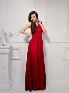 Latest Wine Red Side Zipper One Shoulder Ruching and Hand Made Flower Pageant Dress Chiffon Sleeveless