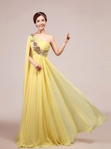 One Shoulder Sleeveless Sweep Train Zipper With Train Appliques and Ruching Celebrity Prom Dress