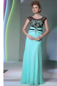Delicate Scoop Sleeveless Prom Gown Floor Length Appliques Teal Chiffon