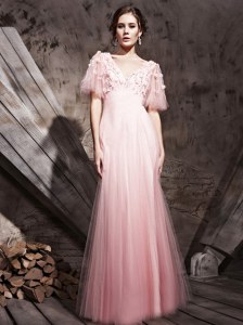 Baby Pink Column/Sheath Chiffon V-neck Half Sleeves Lace and Appliques Floor Length Zipper Prom Dress