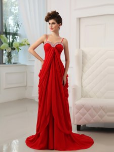 Dynamic With Train Red Dress for Prom Spaghetti Straps Sleeveless Brush Train Zipper
