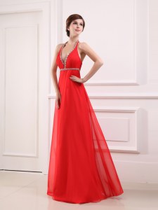 Coral Red Zipper Halter Top Beading Prom Gown Chiffon Sleeveless