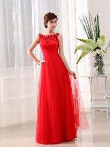 Scoop Tulle Sleeveless Floor Length Prom Party Dress and Beading and Appliques