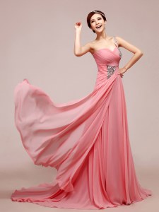 Watermelon Red Chiffon Zipper Prom Gown Sleeveless Floor Length Beading and Ruching
