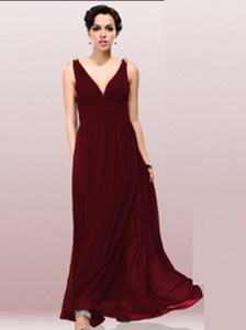 Designer V-neck Sleeveless Zipper Dress for Prom Burgundy Chiffon