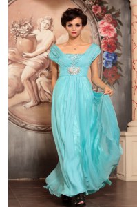 Discount Off The Shoulder Cap Sleeves Prom Gown Floor Length Beading Aqua Blue Chiffon
