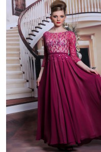 3 4 Length Sleeve Floor Length Lace and Sequins Zipper Prom Gown with Fuchsia