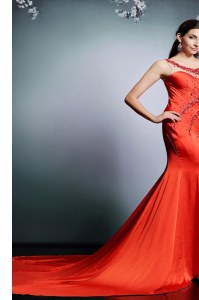 Nice Coral Red Dress for Prom Scoop Sleeveless Court Train Side Zipper