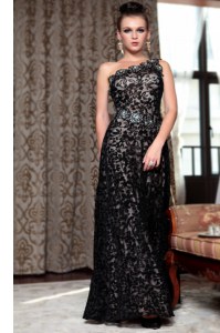 One Shoulder Sleeveless Floor Length Beading Side Zipper Prom Evening Gown with Black