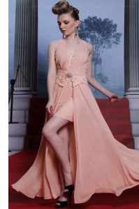 Pink Empire Chiffon V-neck Sleeveless Beading and Appliques Floor Length Clasp Handle Evening Party Dresses
