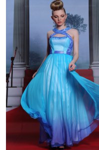 Fantastic Scoop Sleeveless Floor Length Beading and Belt Zipper Dress for Prom with Blue