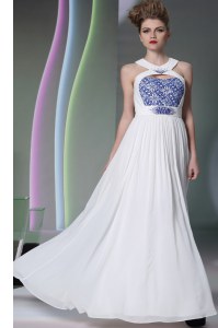 Halter Top Beading and Embroidery Prom Dress White Zipper Sleeveless Floor Length