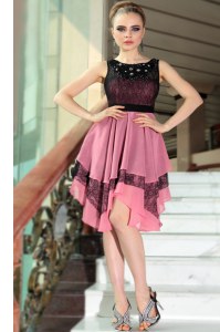 Excellent Pink And Black Scoop Neckline Beading and Lace Cocktail Dress Sleeveless Side Zipper