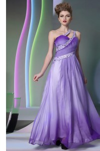 Deluxe Chiffon One Shoulder Sleeveless Side Zipper Beading and Ruching Dress for Prom in Lavender