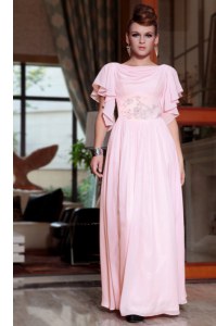 Ankle Length Pink Prom Evening Gown Chiffon Cap Sleeves Beading and Ruching