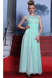 Super Scoop Floor Length Apple Green Dress for Prom Chiffon Sleeveless Beading and Ruching